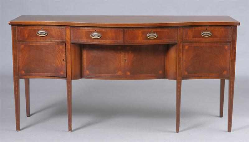 Appraisal: FEDERAL STYLE INLAID MAHOGANY SERPENTINE-FRONTED SIDEBOARD The three frieze drawers