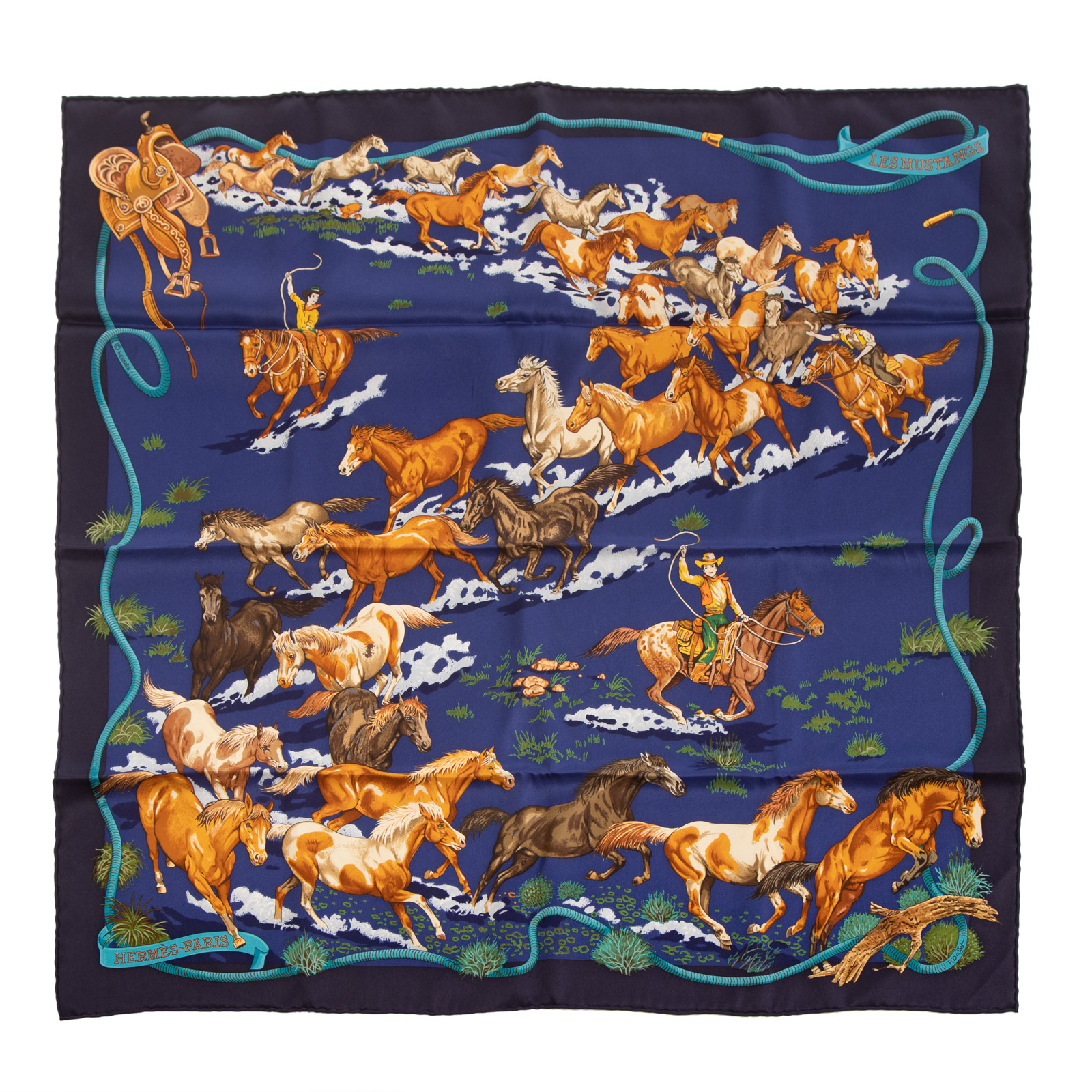 Appraisal: AN HERMES LES MUSTANGS SCARF A blue and multicolor Hermes