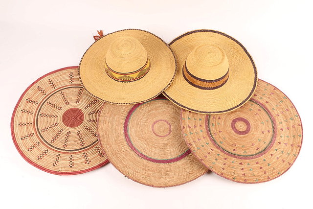 Appraisal: TWO FULANI STRAW HATS and three straw flat baskets with