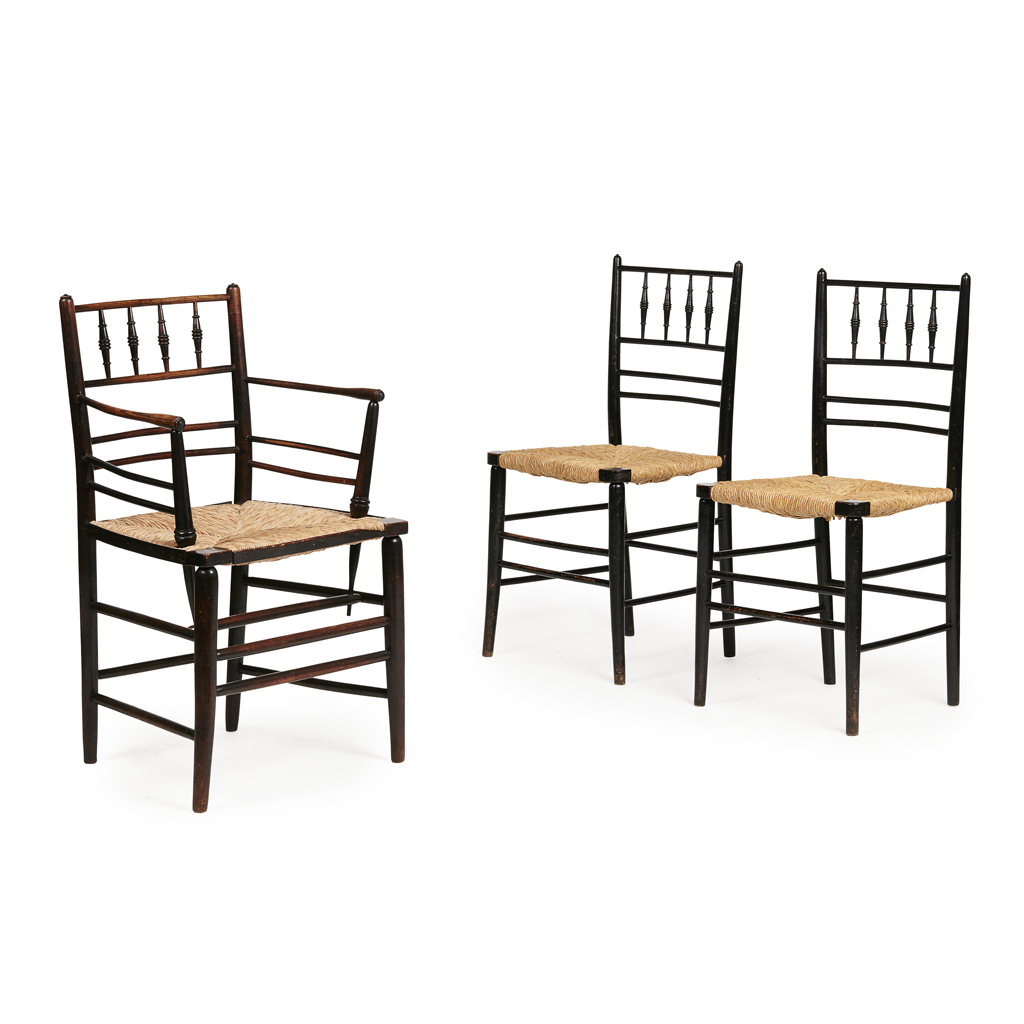 Appraisal: MORRIS CO THREE EBONISED WOOD 'SUSSEX' CHAIRS LATE TH CENTURY