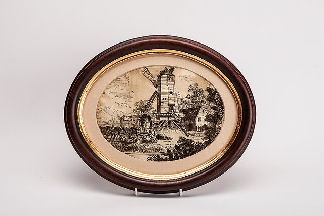 Appraisal: A GEORGIAN HAIR WORK OVAL PICTURE of windmill with horse