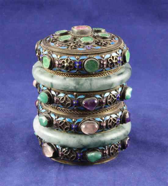 Appraisal: A Chinese silver filigree jadeite enamelled and gem set canister