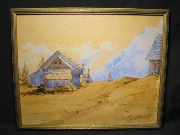 Appraisal: Small gouache on paper unsigned pastoral Landscape in blues and