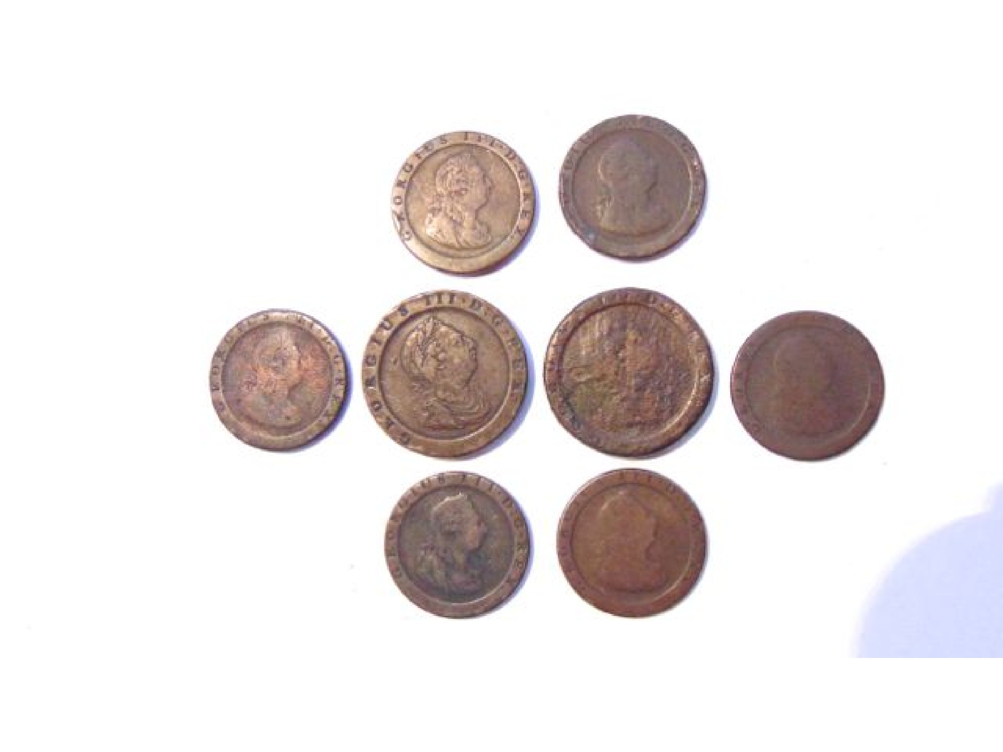 Appraisal: Two George III bronze two pence pieces and six one