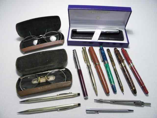 Appraisal: Group lot of assorted pens and eyeglasses pieces total Includes