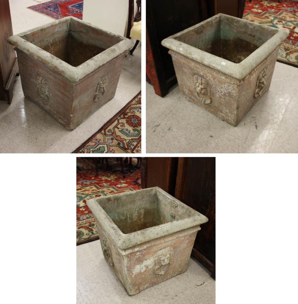 Appraisal: A SET OF THREE SQUARE CONCRETE GARDEN PLANTERS medium size