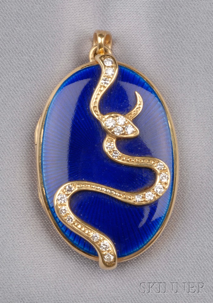 Appraisal: kt Gold Enamel and Diamond Locket the diamond melee snake