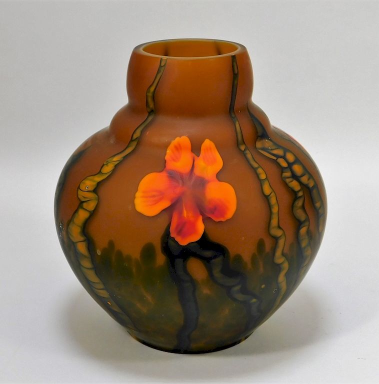 Appraisal: Kralik Grand Marquetry Bohemian Art Glass Vases Bohemia Circa Carmel