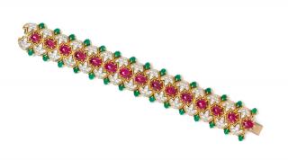 Appraisal: An Karat Yellow Gold Platinum Ruby Diamond and Emerald Bracelet