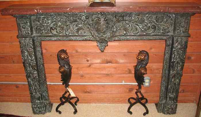 Appraisal: BRONZE FIREPLACE SURROUND WITH ROSE MARBLE TOP Overall dimensions ''H