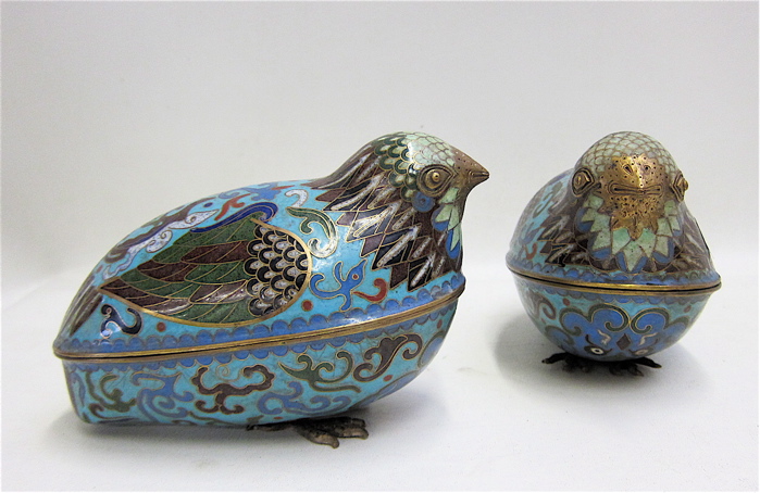 Appraisal: PAIR OF ANTIQUE CHINESE BRONZE CLOISONNE QUAIL BOXES having lidded