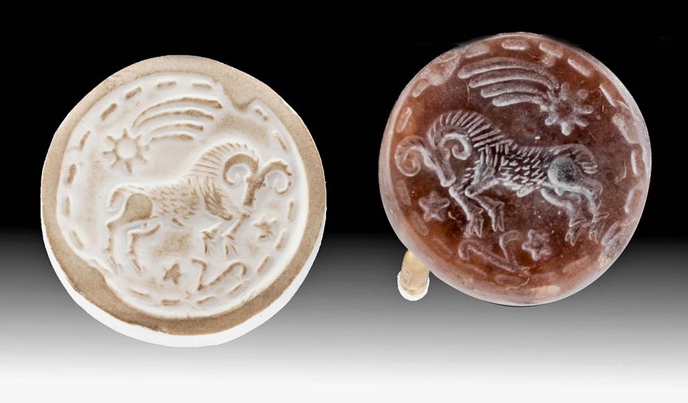 Appraisal: Sasanian Agate Stamp Seal Bead with Ibex Near East Sasanian