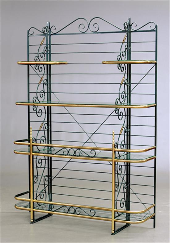 Appraisal: French style wrought-metal and glass baker's rack scrolling bracket design