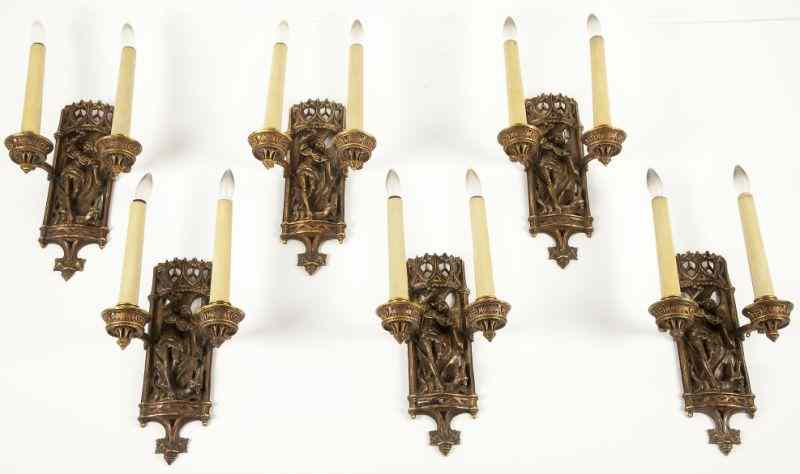 Appraisal: Set of Six Gothic Style Wall Sconcesearly th century two