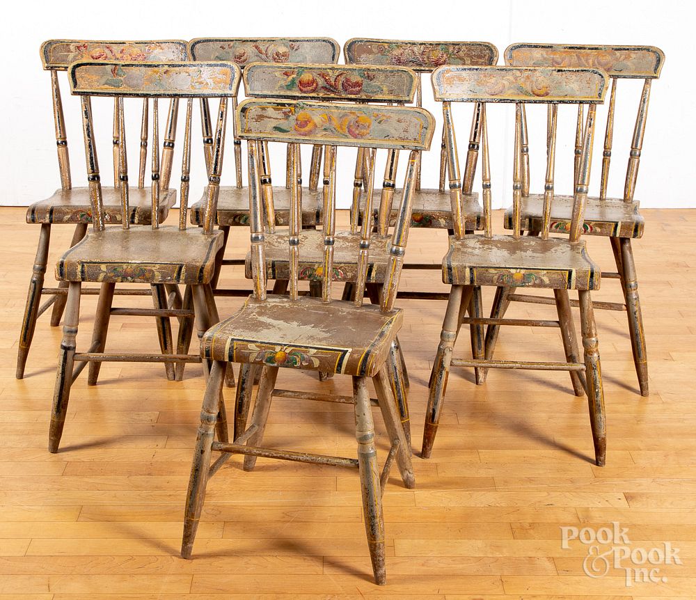 Appraisal: Set of eight Pennsylvania plank seat chairs Set of eight