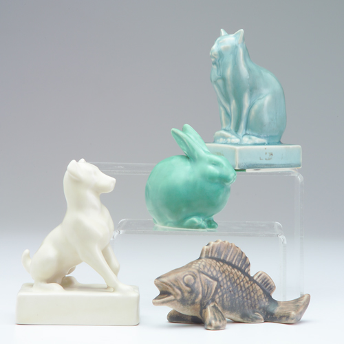 Appraisal: ROOKWOOD Four Production figural paperweights a fish a rabbit a