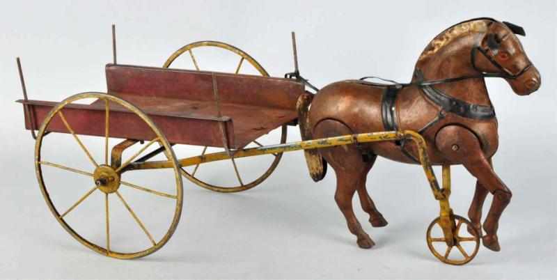 Appraisal: Large Horse-Drawn Wagon Toy American Pressed steel and tin Horse