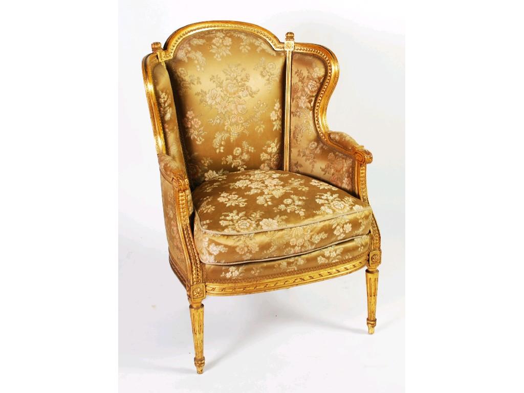 Appraisal: LATE NINETEENTH EARLY TWENTIETH CENTURY FRENCH GILTWOOD FRAMED UPHOLSTERED BERGERE