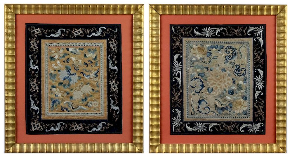 Appraisal: Pair East Asian Silk Embroidery Floral Tapestries East Asian Chinese