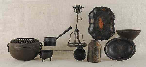 Appraisal: Metalware to include an iron porringer a fat lamp etc