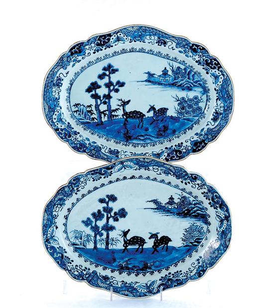 Appraisal: Pair Chinese Export blue-and-white oval platters circa scalloped rim adorned