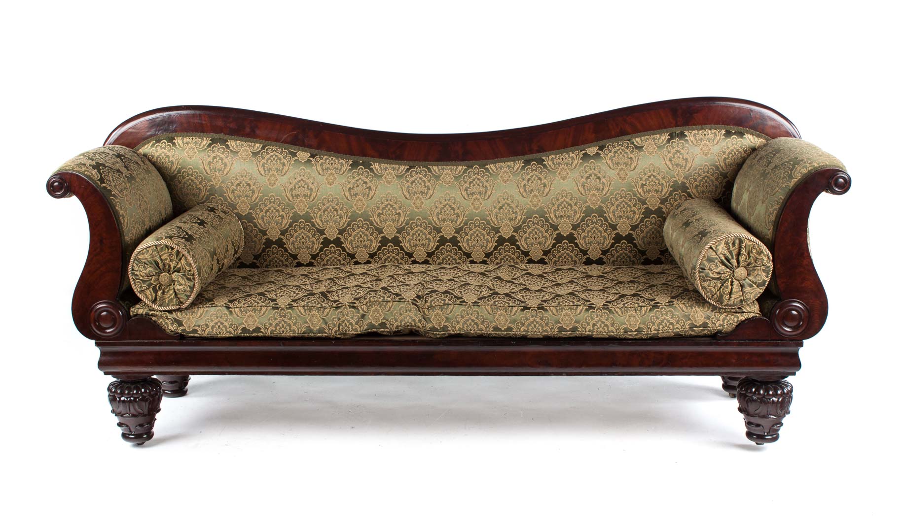 Appraisal: American Classical mahogany upholstered sofa Boston circa exposed oxbow crest