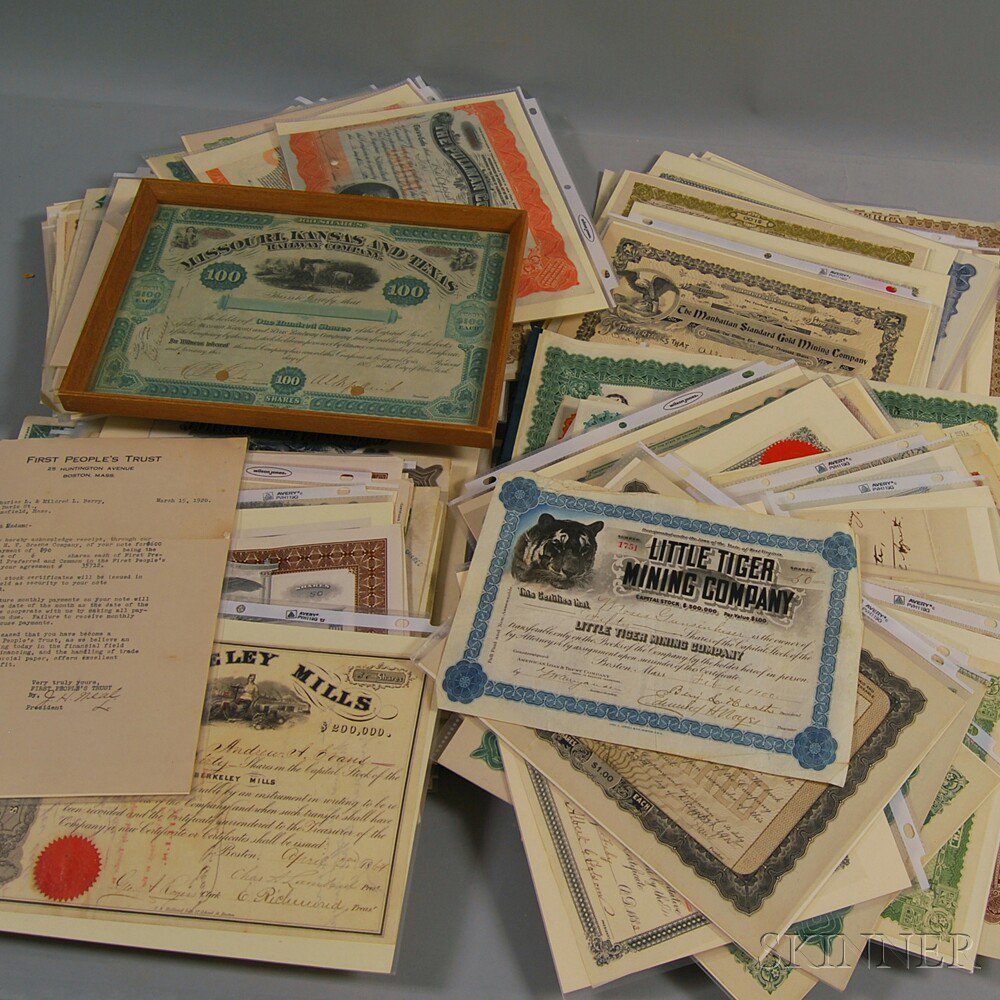 Appraisal: Assorted Printed Stock Certificates and Related Ephemera late th to