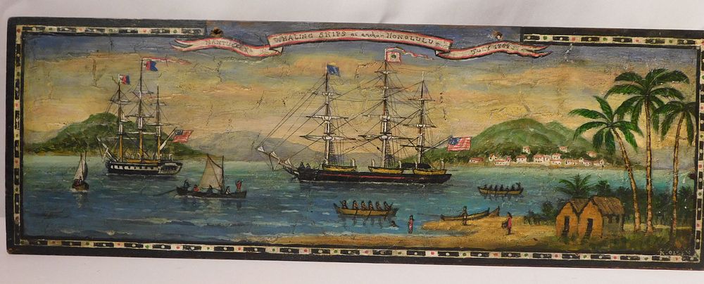 Appraisal: K OLSEN WHALING SCENE PANEL Vintage oil painting on wood