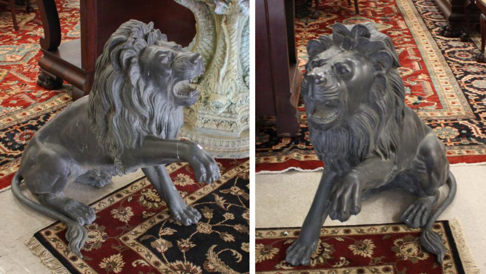 Appraisal: A LARGE PAIR OF BRONZE GUARDIAN LIONS each cast in