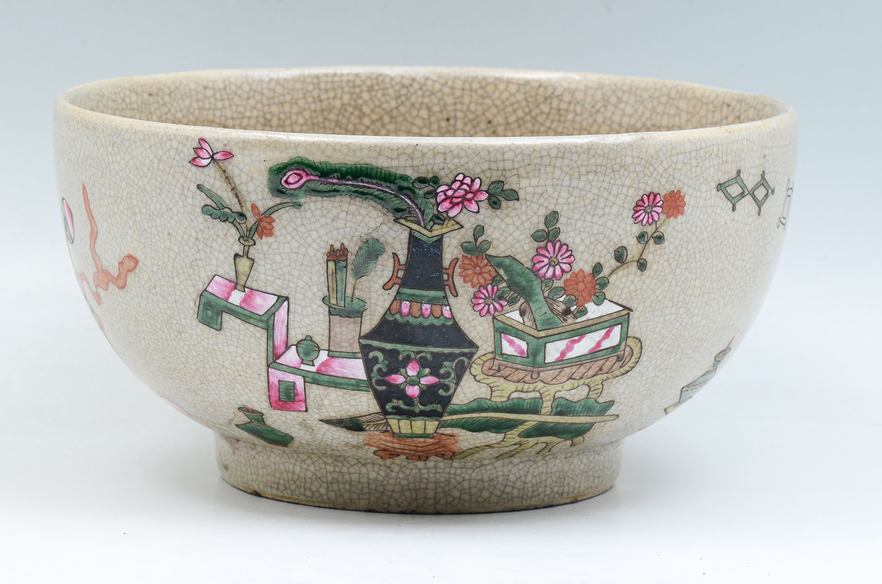 Appraisal: CRACKLE GLAZE CHINESE AUSPICIOUS BOWL Having enameled scholarly scenes Approx