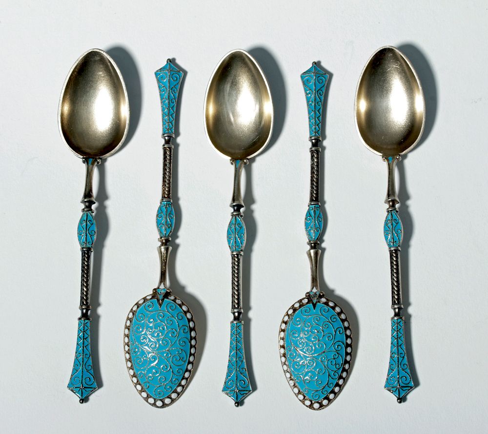 Appraisal: th C Norwegian Gilded Silver Enamel Spoons Originally Listed At