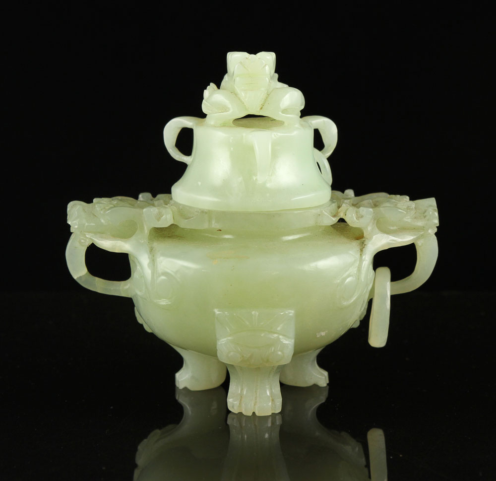 Appraisal: - Chinese Green Jade Covered Censer Early Chinese covered censer