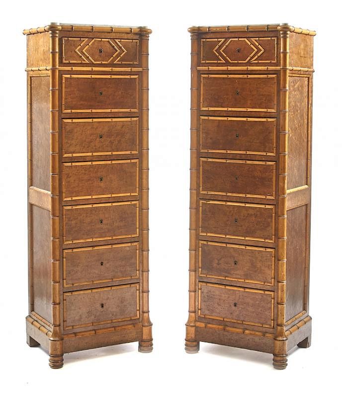 Appraisal: Pair of drawer semainiers birdseye maple faux bamboo Pair of