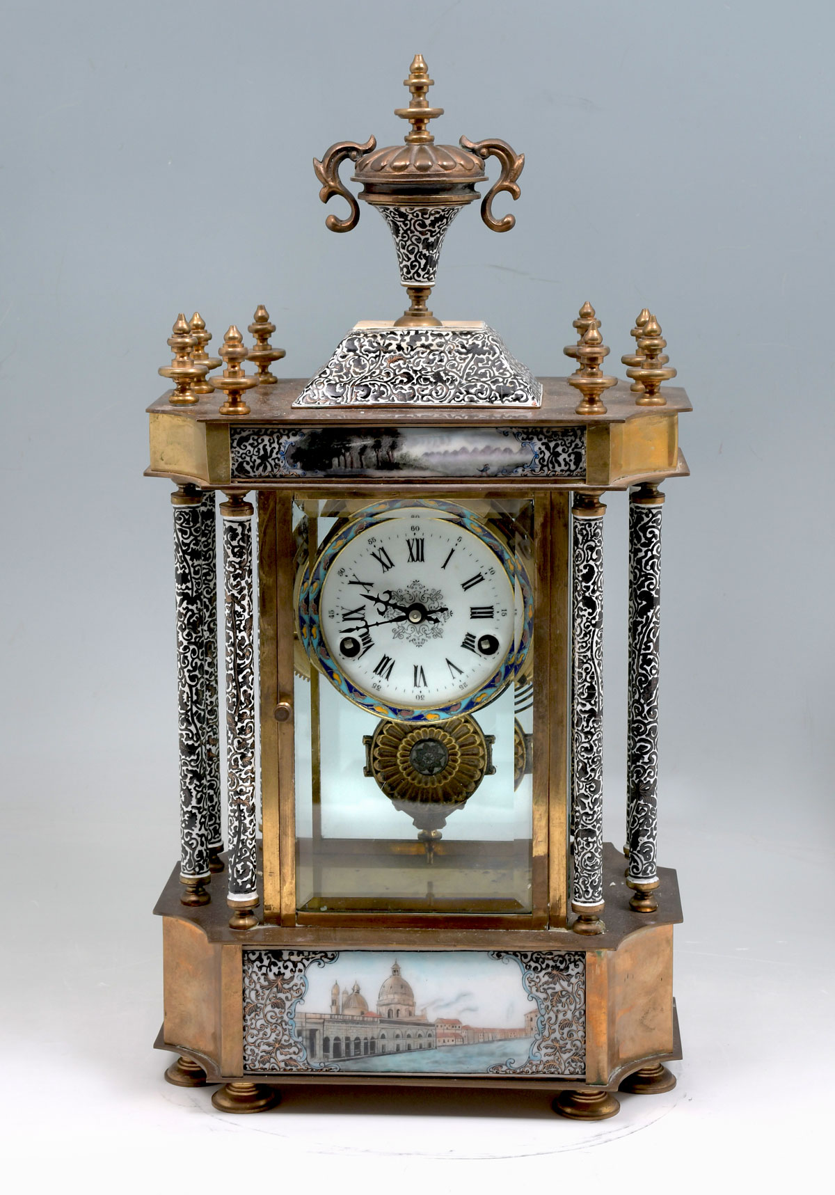 Appraisal: SIX PILLAR ENAMELED CLOCK WITH PAINTED TABLETS Enameled black white