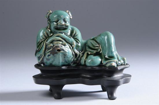 Appraisal: CHINESE GREEN GLAZED PORCELAIN FIGURAL WATER DROPPER AND CENSER -