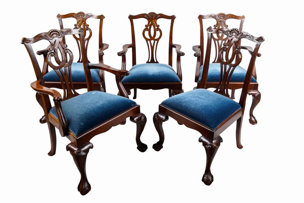 Appraisal: FIVE BAKER MAHOGANY CHIPPENDALE-STYLE CHAIRSwith metal Baker tag comprising four