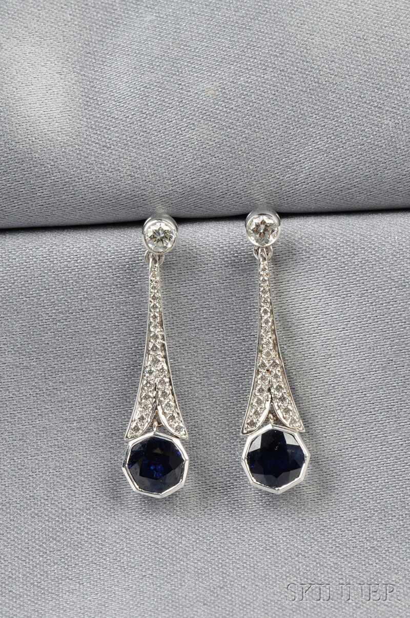 Appraisal: kt White Gold Sapphire and Diamond Earpendants each with circular-cut