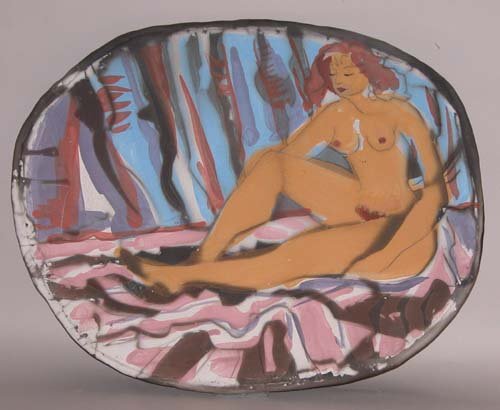 Appraisal: Seated Nude in Colorful Interior Wall Platter glazed ceramic on