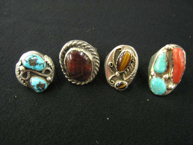 Appraisal: Indian Silver Rings turquoise tiger's eye coral more older estate