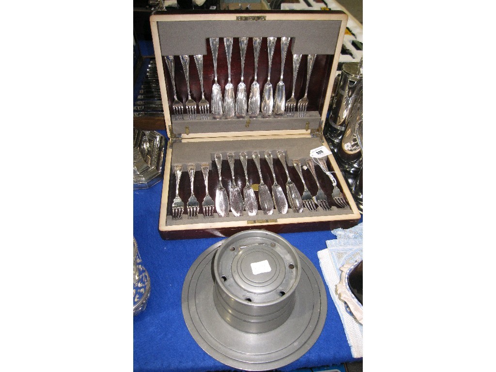 Appraisal: Lot comprising part fish cutlery set and a pewter inkwell