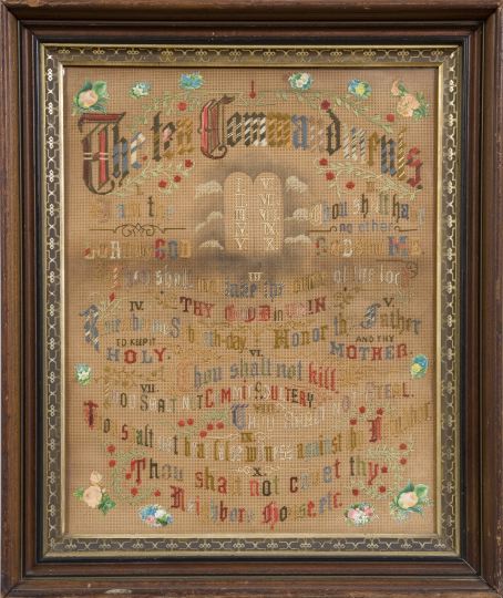 Appraisal: American Victorian Foil-Backed Embroidered Panel depicting The Ten Commandments third