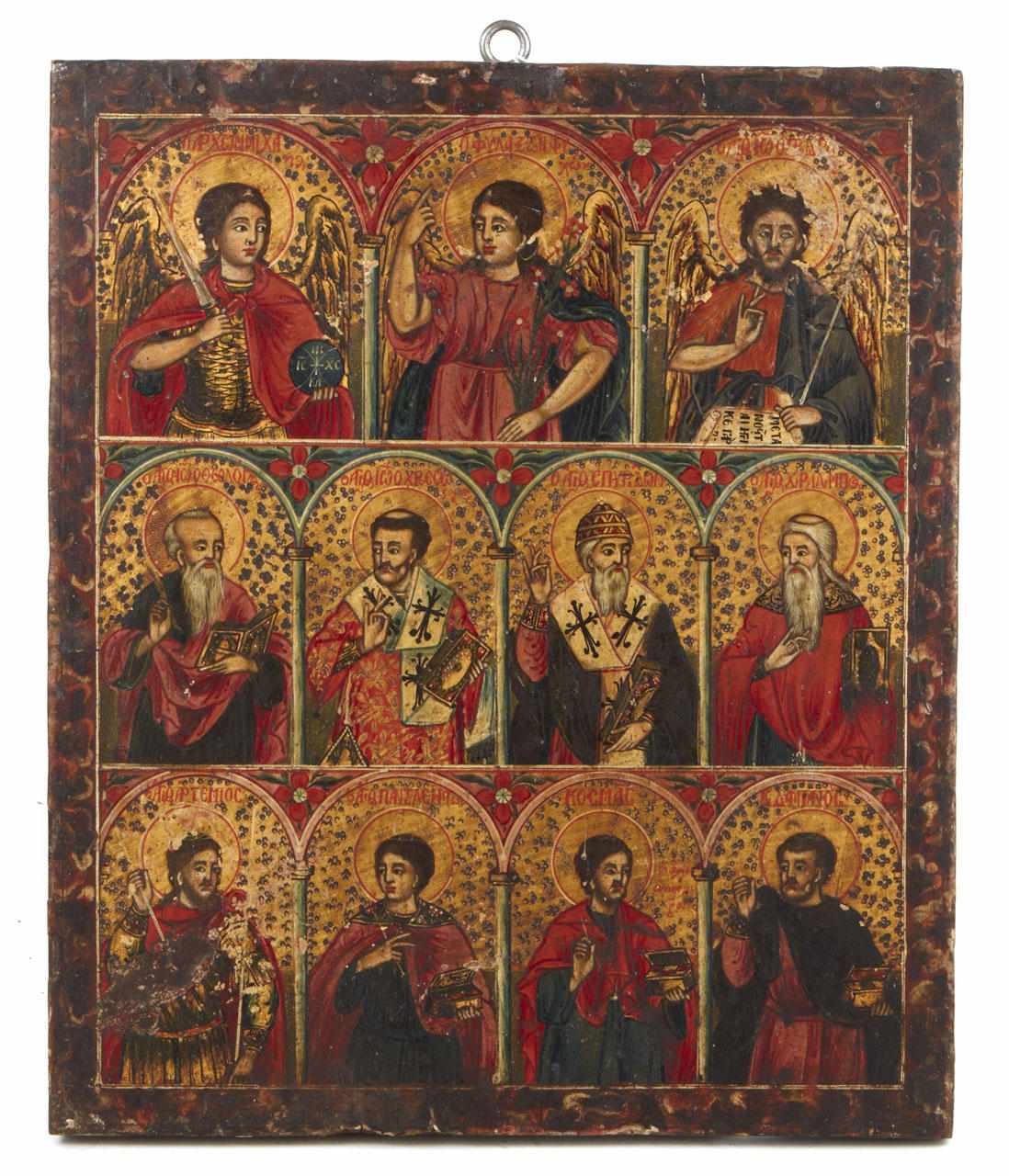 Appraisal: A Greek polychrome decorated icon Depicting a saint eleven angels