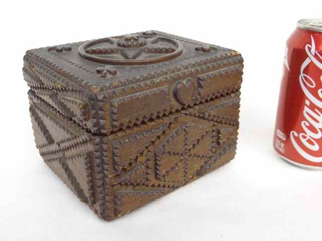 Appraisal: th c tramp art box with star and clover leaves