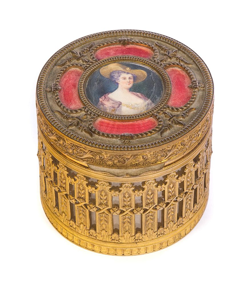 Appraisal: Gilt Bronze dresser box w Miniature painting Signed Gilt Bronze