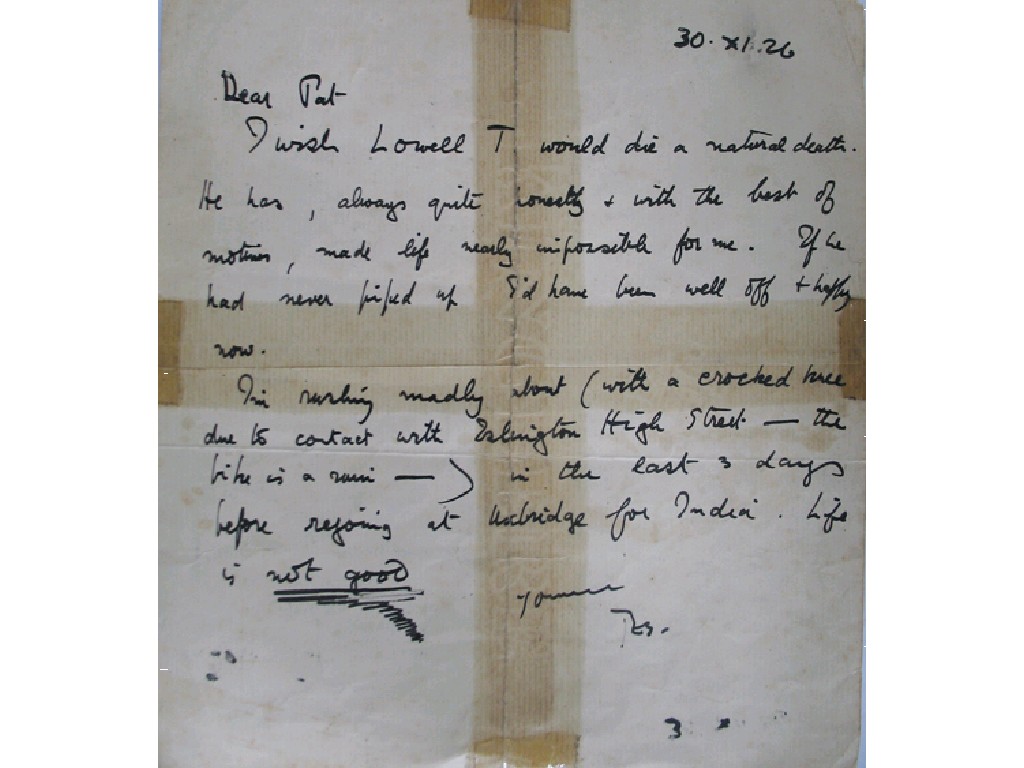 Appraisal: T E LAWRENCE A LETTER dated Dear Pat I am