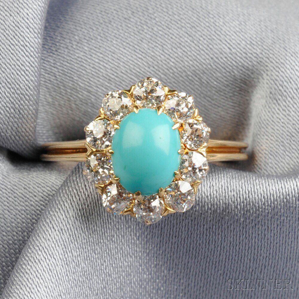 Appraisal: Antique kt Gold Turquoise and Diamond Ring centering an oval