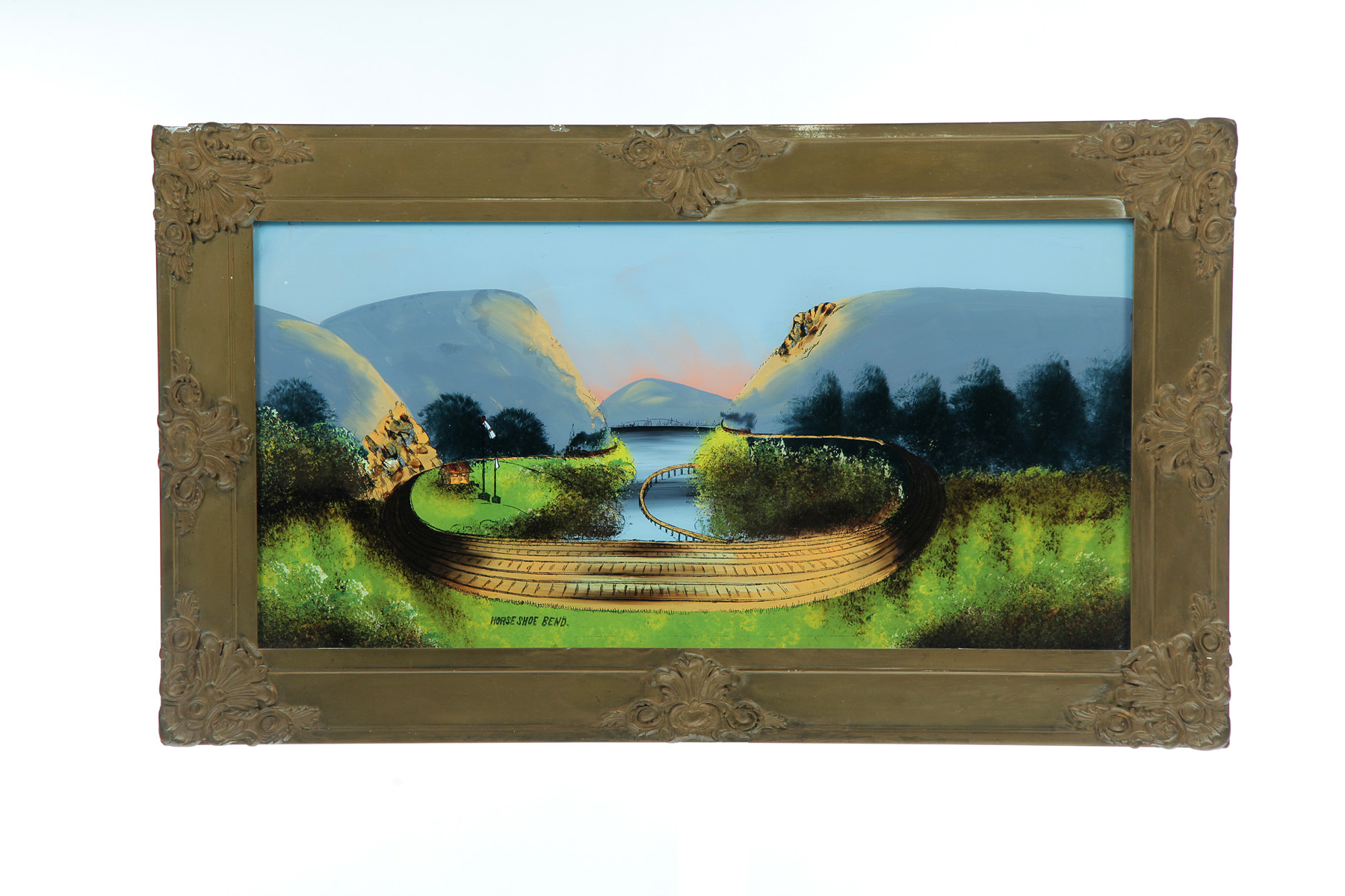 Appraisal: FRAMED REVERSE PAINTING ON GLASS OF HORSESHOE BEND American st