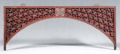 Appraisal: Chinese decorative wood arch red lacquer shou symbol between cracked