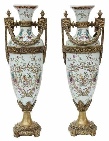 Appraisal: pair Decorative bronze-mounted porcelain vases late th c tapered baluster