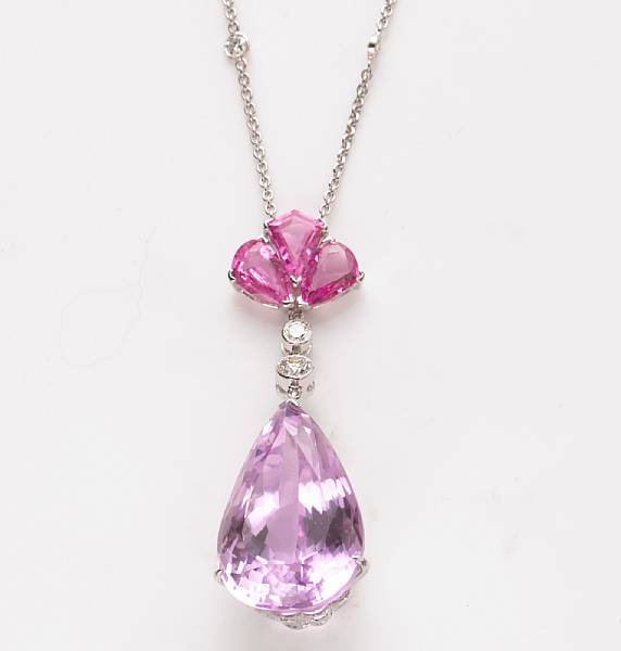 Appraisal: A kunzite pink sapphire diamond and k white gold necklace